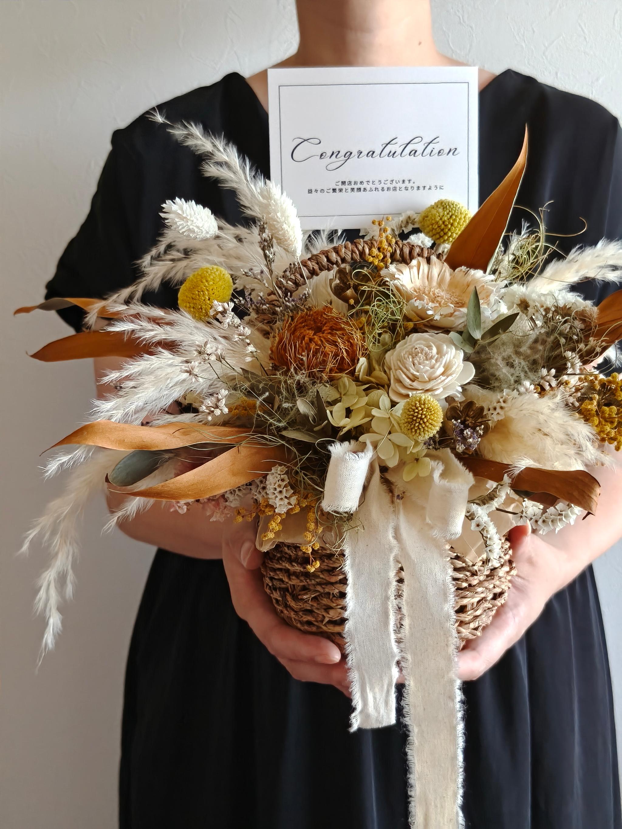 花籠のお祝い花　開店祝い　店舗インテリア　周年祝い　ドライフラワー　アレンジメント　結婚祝い　ミモザ1枚目の画像